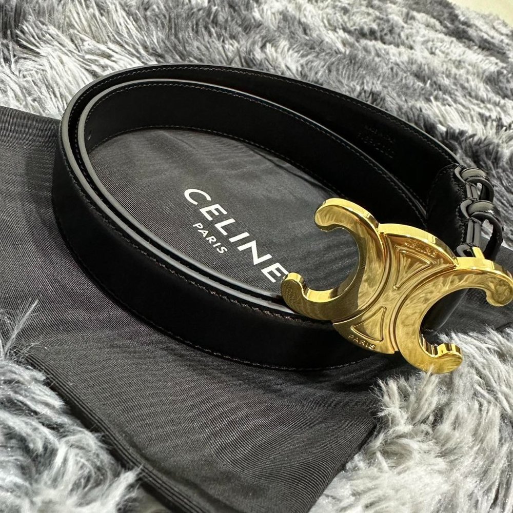 Celine Medium Triomphe Belt in Smooth Calfskin Black Leather